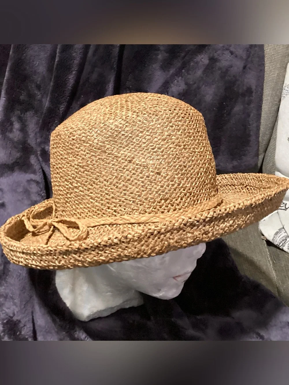 Vintage Liz Claiborne Women’s Straw Hat Sun Rolled Brim Bow Hand Woven Tan